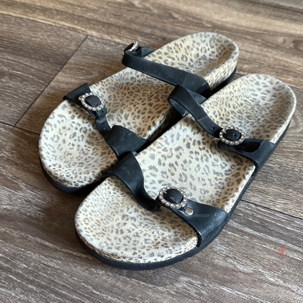 Mephisto Black Leather Studded Leopard Printsol Sandals with Black Straps Sz 38